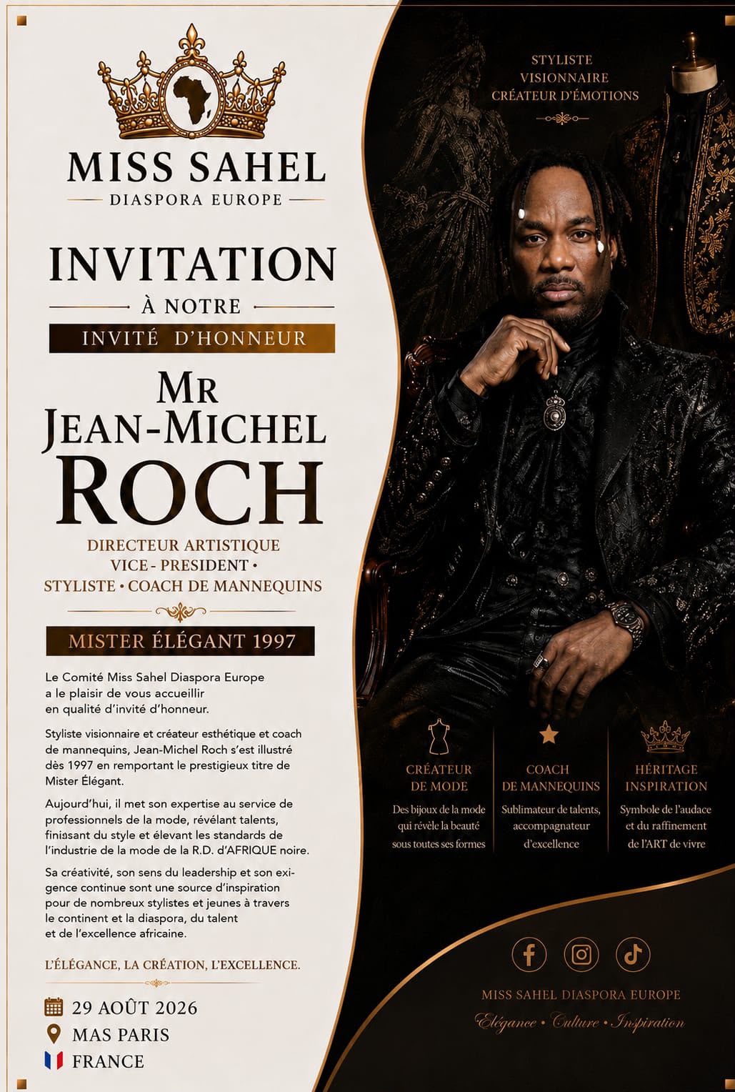 Jean-Michel Roch, directeur artistique et créateur de mode de Miss Sahel Diaspora Europe 2026.